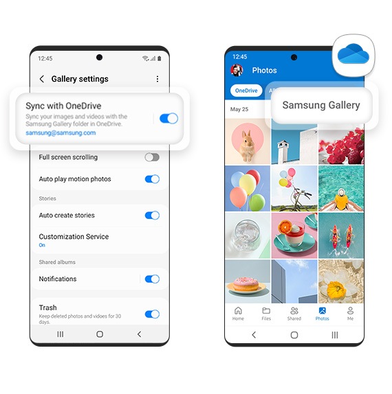 Samsung Cloud and OneDrive app GUIs show photo sync is complete.
