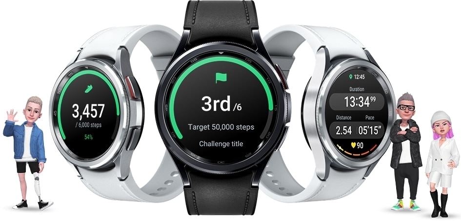 Three Galaxy Watch6 Classic can be seen. The Watch on the left is displaying steps taken per day. The Watch in the middle is displaying the competition feature, indicating the user is in 3rd place out of 6 people for a walking exercise with a target of 50,000 steps. The Watch on the right is displaying the result of a workout with exercise duration, distance, average pace and heart rate. Three animated people in different poses are shown around the Watches.