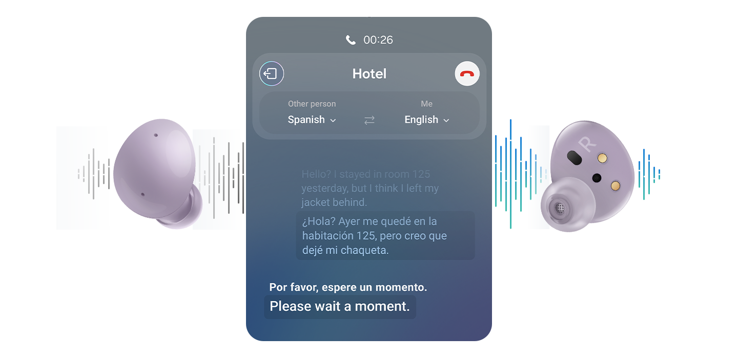 Widoczne są słuchawki douszne Galaxy Buds2
              w kolorze Bora Purple. Pomiędzy słuchawkami 
              znajduje się GUI aplikacji Live Translate. 
              W tle znajdują się fale dźwiękowe wskazujące 
              na tłumaczenie na żywo.