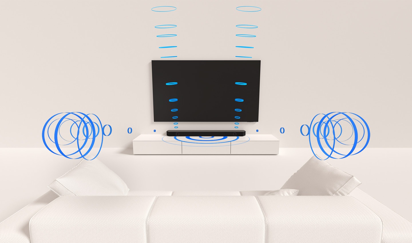 There is a soundbar placed on a console below a TV. Sound waves are coming from the soundbar - three are projecting forward and two are projecting upwards.