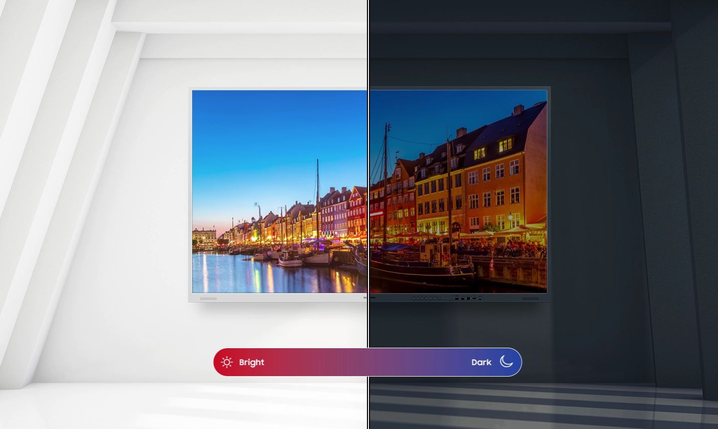 The Flip Pro is centered and the left side changes from a dark room to a  bright environment, and the screen gets a little brighter.