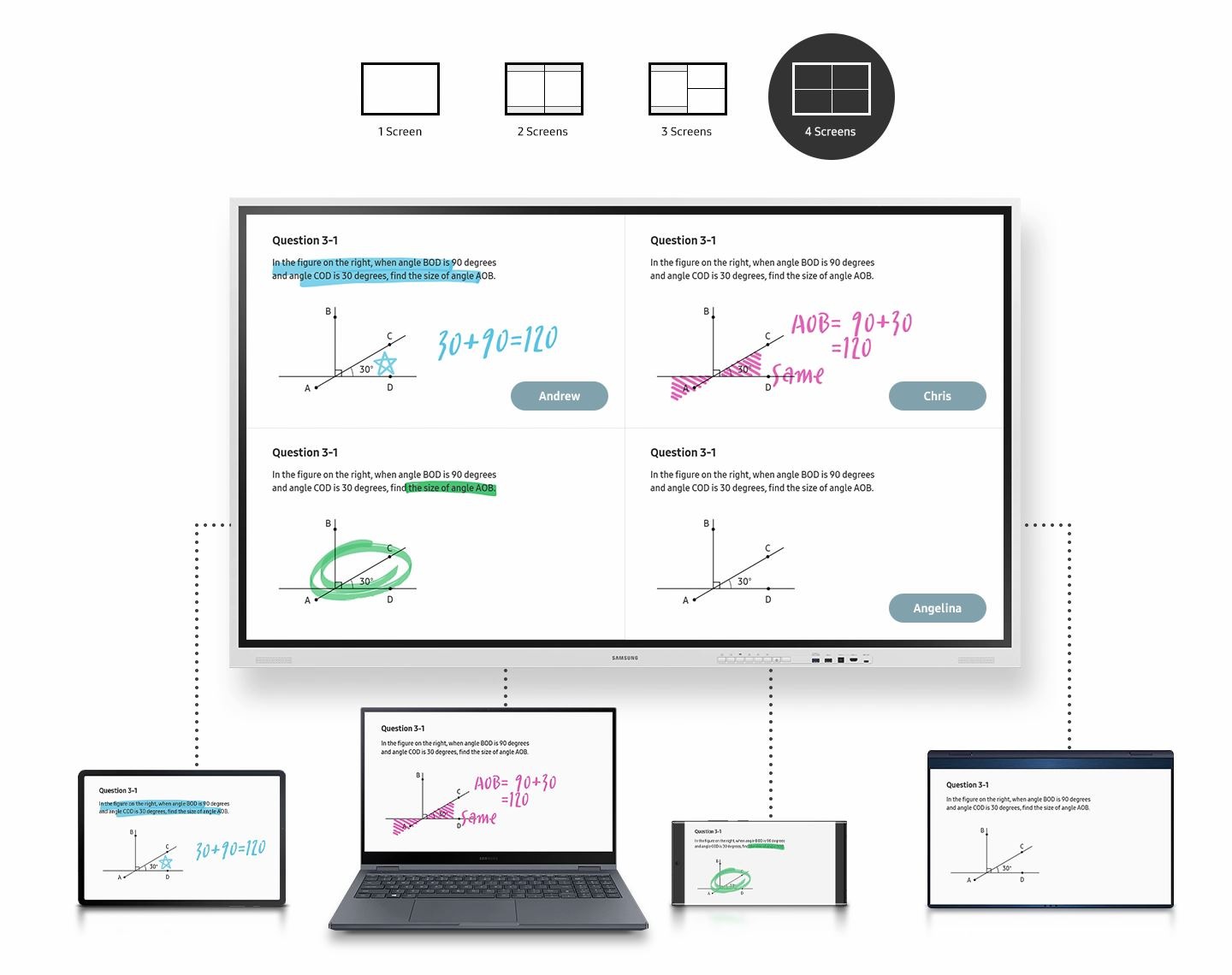 Flip Pro can display up to 4 device screens at the same time. If there is one, it is displayed in full screen, in case of two in split screen, three in one on the left, two on the right, and four in four split screen.
