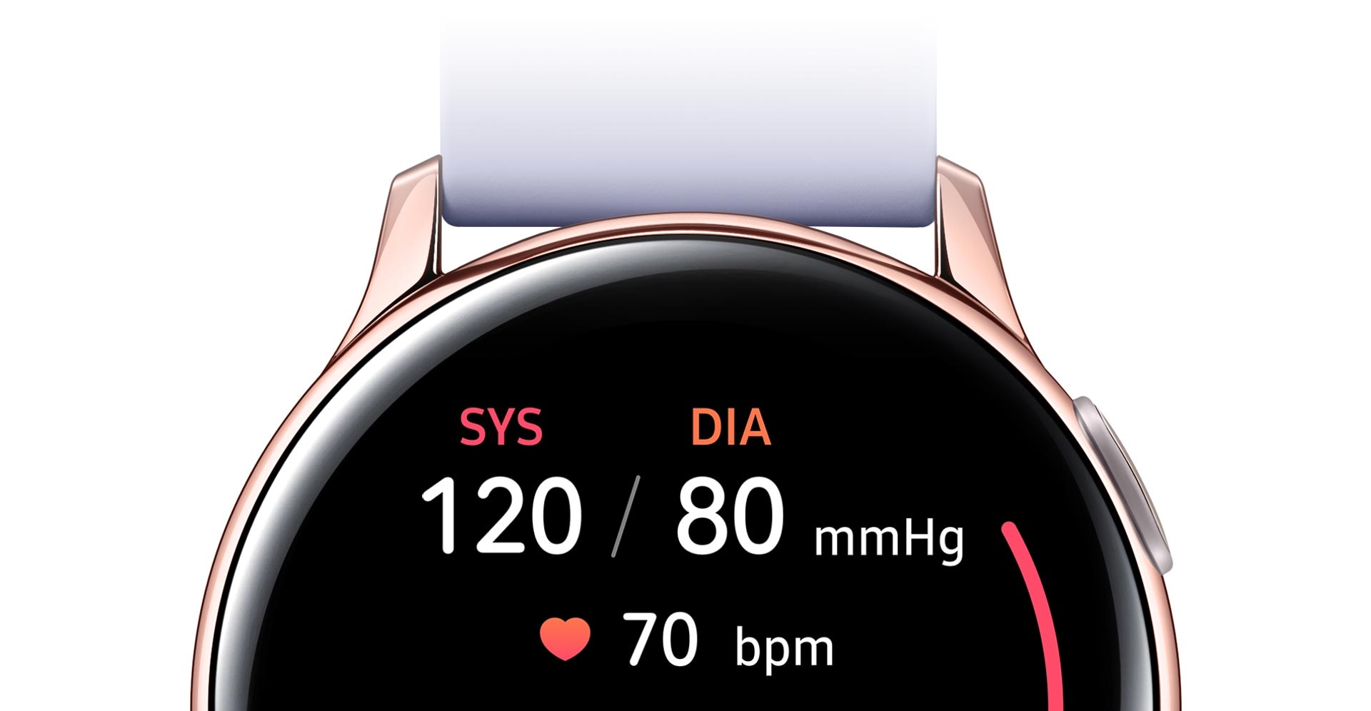 Partial front view of the Rose Gold Galaxy Watch Active2 that displays blood pressure measurements on its watch face.