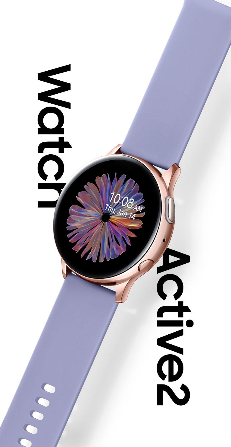 Angled view of Rose Gold Galaxy Watch Active2 with Violet Sport Band hovers over a white background and the words 'Watch Active 2' in a large black font.