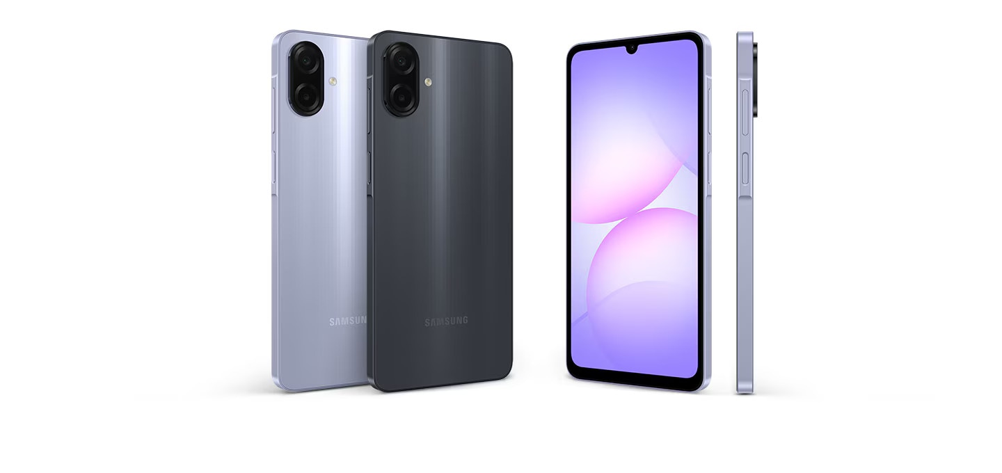 Galaxy A07s สี Black, Light Violet และ Green จากมุมมองต่าง ๆ โดยเน้นให้เห็นถึงดีไซน์ที่ทันสมัยและเพรียวบาง