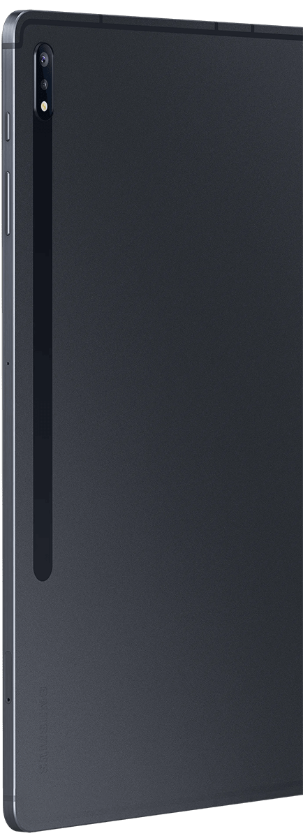 Close-up of Galaxy Tab S7+ in Mystic Black's rear view shows the rear camera placement