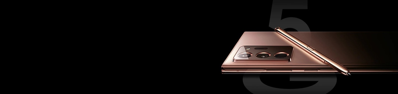 ภาพครึ่งด้านบนของ Galaxy Note20 Ultra 5G สีมิสติกบรอนซ์ที่วางคว่ำหน้าอยู่ในโหมดแนวนอน โดยมี S Pen สีเดียวกันวางพาดอยู่ตรงด้านหลังของโทรศัพท์
