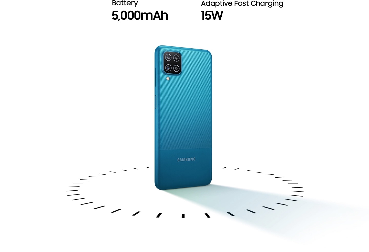 Galaxy A12 stands up, surrounded by circular dots, with the text of 5,000mAh Battery and 15W Adaptive Fast charging.