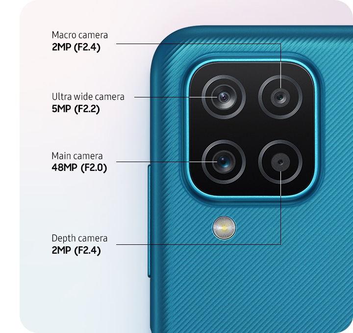 Top back view of a device shown with 4 lenses for 2MP macro camera, 5MP ultra wide camera, main and depth camera respectively