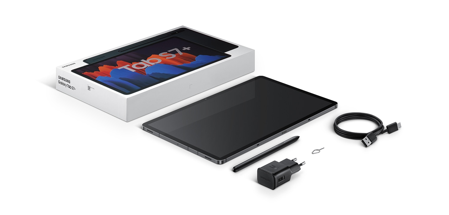 Flat lay of items included in box with Galaxy Tab S7+. The packaging, the device, S Pen, travel adapter, USB Type-C earphones, data link cable, and SIM ejection pin