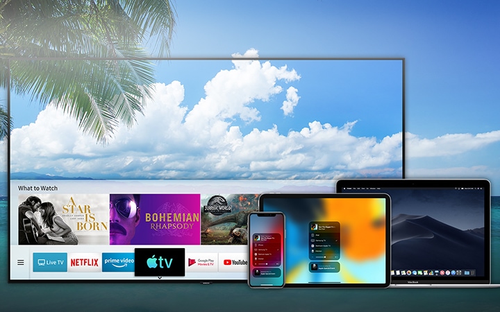 Samsung Smart TV ถูกแสดงผลด้วย iPhone, iPad และ Macbook ยูสเซอร์อินเทอร์เฟซของ Samsung Smart TV มาพร้อมกับแอป Apple TV เพื่อให้คุณเพลิดเพลินไปกับคอนเทนต์ต่าง ๆ ได้มากขึ้นผ่าน Samsung Smart TV AirPlay 2 นำคอนเทนต์วิดีโอและภาพถ่ายมาสู่ Samsung Smart TV จากอุปกรณ์ Apple ต่าง ๆ เช่น iPhone, iPad และ Macbook.