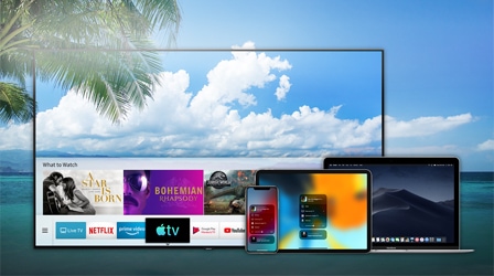 Samsung Smart TV ถูกแสดงผลด้วย iPhone, iPad และ Macbook ยูสเซอร์อินเทอร์เฟซของ Samsung Smart TV มาพร้อมกับแอป Apple TV เพื่อให้คุณเพลิดเพลินไปกับคอนเทนต์ต่าง ๆ ได้มากขึ้นผ่าน Samsung Smart TV AirPlay 2 นำคอนเทนต์วิดีโอและภาพถ่ายมาสู่ Samsung Smart TV จากอุปกรณ์ Apple ต่าง ๆ เช่น iPhone, iPad และ Macbook.