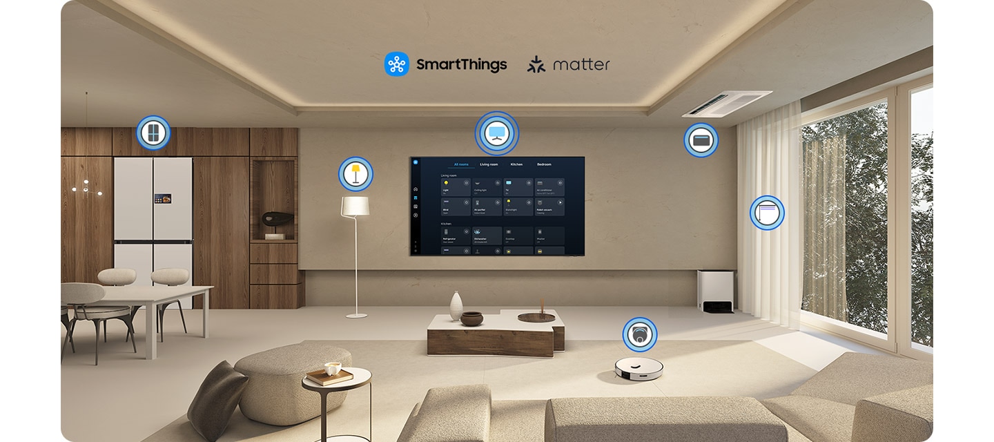 ห้องนั่งเล่นสไตล์โมเดิร์นที่มี Samsung TV ที่ติดตั้งอยู่ผนังและแสดงแดชบอร์ด SmartThings ซึ่งแสดงอุปกรณ์ที่เชื่อมต่ออยู่ในห้องต่าง ๆ มีไอคอนรอบพื้นที่แสดงถึงแสงไฟ เครื่องปรับอากาศ ม่าน เครื่องใช้ไฟฟ้า และหุ่นยนต์ดูดฝุ่น ซึ่งล้วนควบคุมได้จากหน้าจอเดียว มุมมองซูมเข้าไปที่ทีวีเพื่อเผยให้เห็นอินเทอร์เฟซของ SmartThings อย่างละเอียด มีการเลือกไอคอนโคมไฟตั้งพื้น และเมื่อกดปุ่มเปิด โคมไฟตั้งพื้นในห้องนั่งเล่นก็เปิดขึ้น จากนั้นอินเทอร์เฟซก็เปลี่ยนไปที่ไอคอนม่าน และเมื่อกดปุ่มเปิด ม่านในห้องนั่งเล่นก็กางออก มุมมองซูมออกมาให้เห็นห้องนั่งเล่นเต็มพื้นที่อีกครั้ง โดยแสดงให้เห็นอุปกรณ์ทั้งหมดที่เชื่อมต่อด้วยนั้นกำลังทำงานร่วมกันอยู่ โลโก้ SmartThings และ Matter