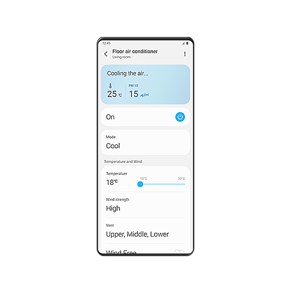 Bir Galaxy ekranı; hedef sıcaklık, üfleme gücü ve diğer ayarların olduğu SmartThings akıllı klima GUI’sini göstermekte.