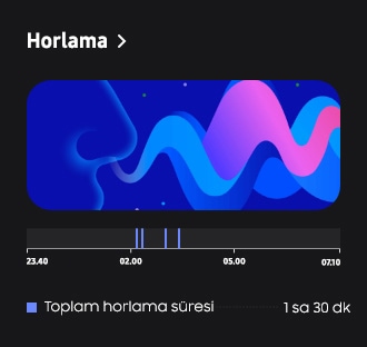 Horlama GUI’si görülüyor. Aşağıda “Total snoring time” (Toplam horlama süresi, 1 saat 30 dakika) gösteriliyor.
