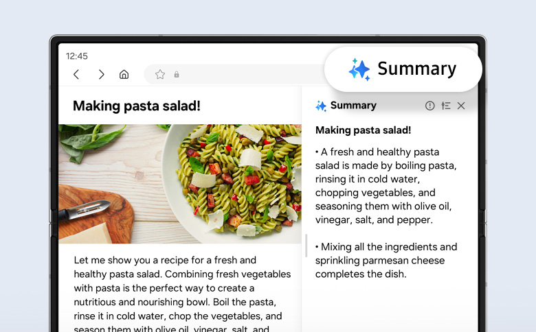 Bir web sitesi, Web Asistanı kullanılarak özetleniyor. Oluşturulan özet, Samsung Internet uygulaması aracılığıyla erişilen web sitesi için ekranda görüntüleniyor.