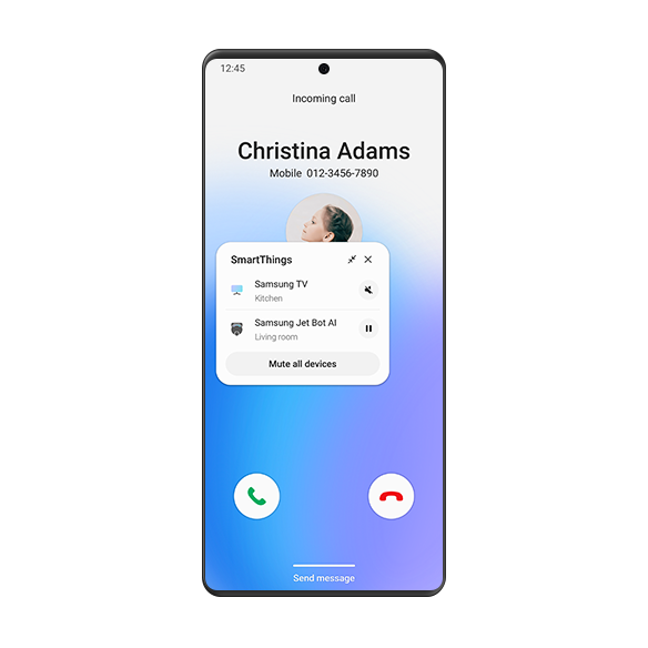 顯示 Christina Adams 來電的 Galaxy 智慧手機 GUI，以及讓你將客廳電視、廚房電視或所有電視靜音的 SmartThings 彈出視窗。
