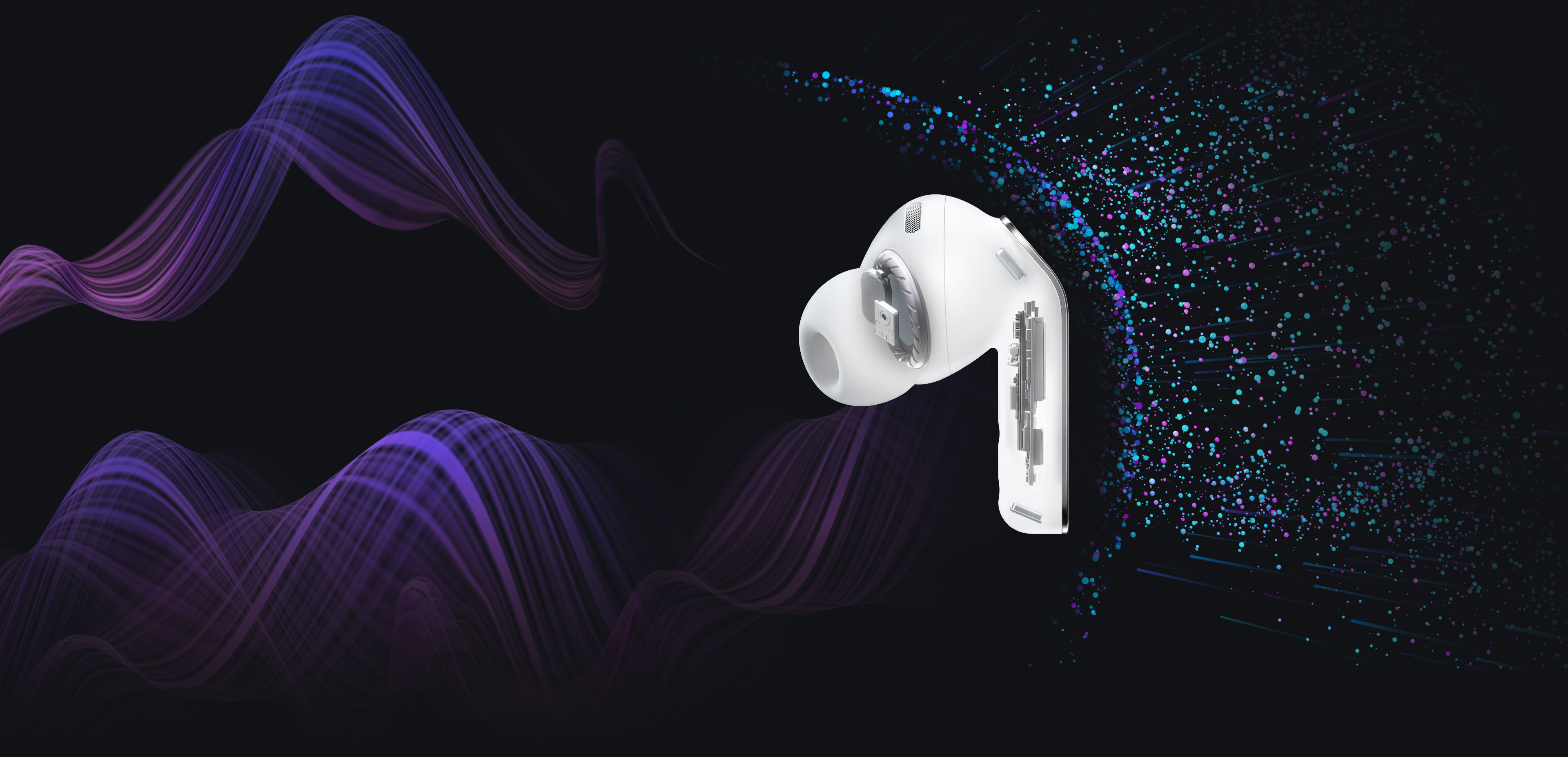 Galaxy Buds4 Pro 單只耳機的分解圖，展現內部音訊系統。在右側，多個圓點完全與耳機分離，代表主動式降噪功能。