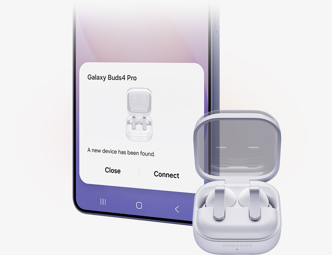 一部 Galaxy 智慧型手機的螢幕出現輕鬆配對彈出視窗，呈現連接 Galaxy Buds4 Pro 是如此簡單。Galaxy 智慧型手機右側是 Galaxy Buds4 Pro，它放置在充電盒中，盒蓋已打開。