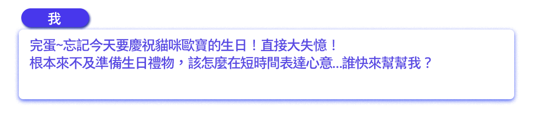 完蛋~忘記今天要慶祝貓咪歐寶的生日！直接大失憶！根本來不及準備生日禮物，該怎麼在短時間表達心意…誰快來幫幫我？