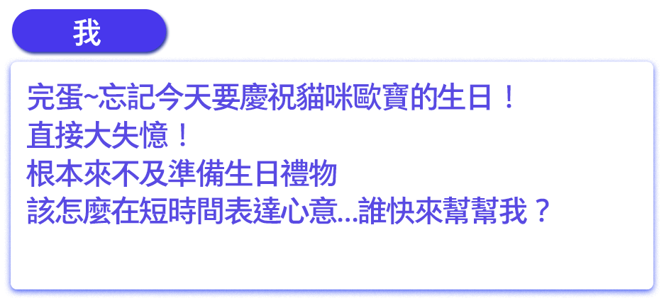 完蛋~忘記今天要慶祝貓咪歐寶的生日！直接大失憶！根本來不及準備生日禮物，該怎麼在短時間表達心意…誰快來幫幫我？