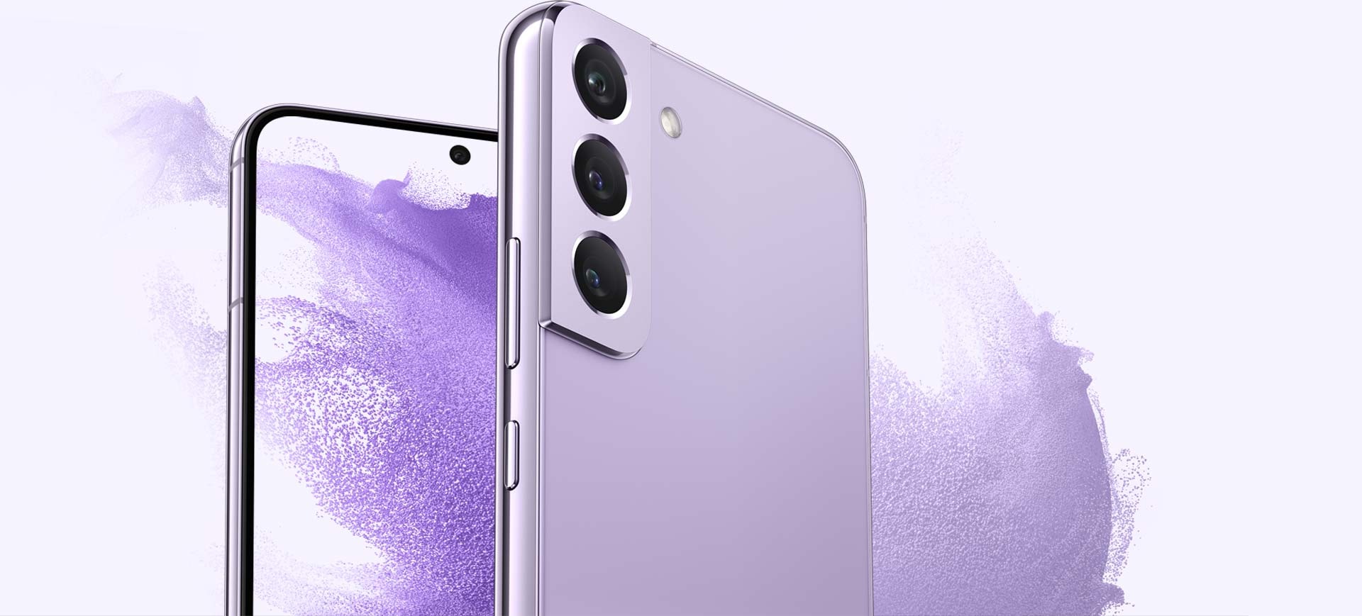 兩支幻夜紫的 Galaxy S22 手機。其中一支展示紫色波浪狀桌布的手機螢幕，紫色波浪繼續穿過螢幕至手機周圍。另一支手機傾斜展示側面和背面，與正面展示的 Galaxy S22 略微重疊。
