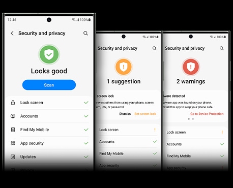 展示三部 Galaxy S23 Ultra 裝置，個別採取不同程度的即時安全保護措施，從非常安全到非常脆弱。第一部裝置收到"看起來不錯"的通知，表示其已受到全面保護。中等保護的第二部裝置會收到加強其安全性的建議，而最容易受到影響的第三部裝置則會收到有關潛在數據洩露的兩個警告。