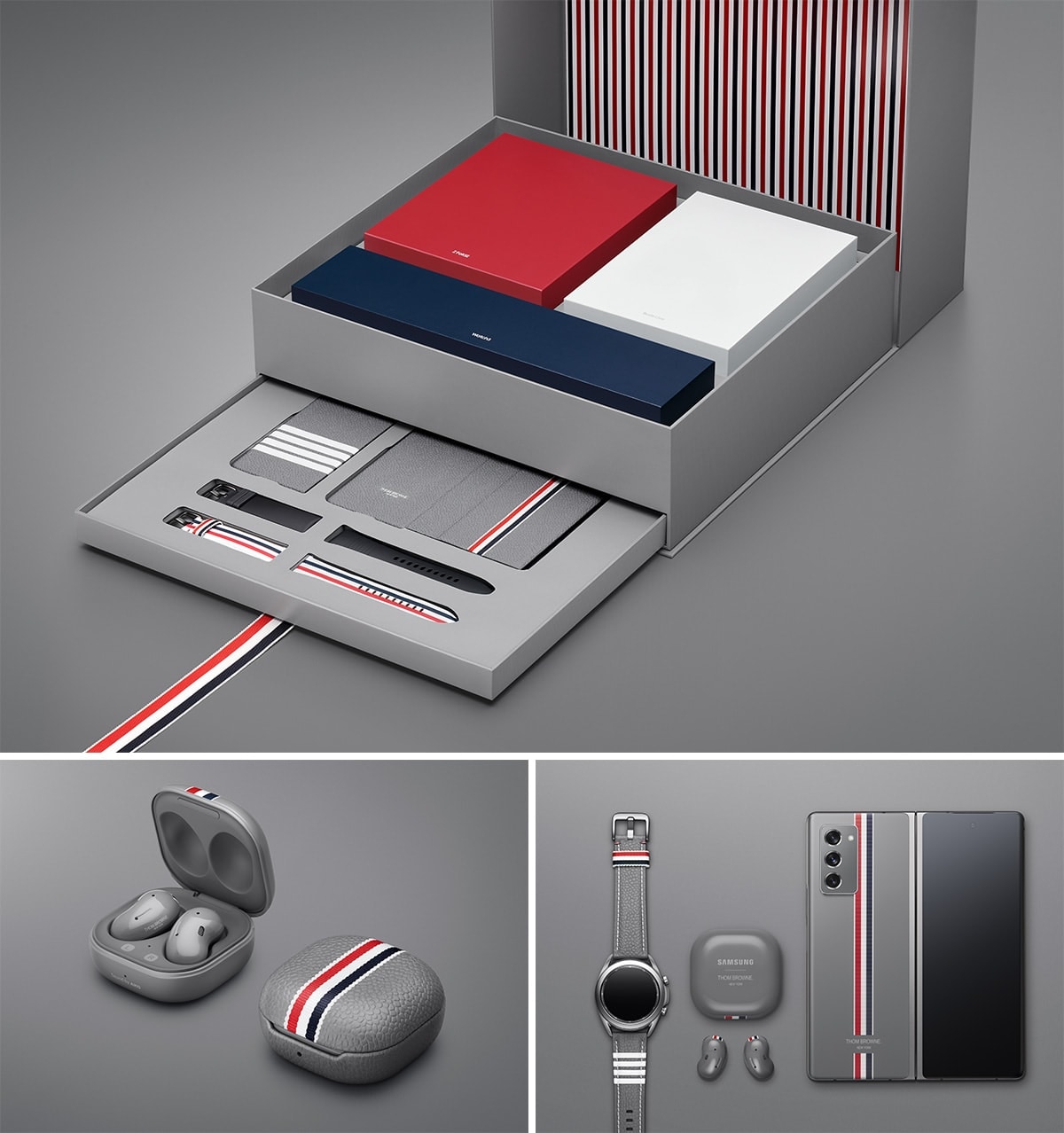 打開 Galaxy Z Fold2 Thom Browne 限量版的包裝盒,以顯示包含設備的紅色,白色和藍色包裝以及容納附件的滑出式抽屜。 兩個 Galaxy Buds Live Thom Browne 限量版皮革保護殼,其中一個已打開,並裝有耳塞,另一個已關閉。 配有灰色皮革錶帶的Galaxy Watch3 Thom Browne 限量版,帶耳塞的 Galaxy Buds Live Thom Browne 限量版,以及從底座上展開的Galaxy Z Fold2 Thom Browne 限量版從後部展開,以顯示主鏡頭和封面螢幕。