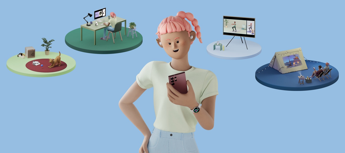 女孩用手腕上戴著 Galaxy Watch 的手握著智慧型手機。還可看到「SmartThings」功能：在家工作、保持健康。