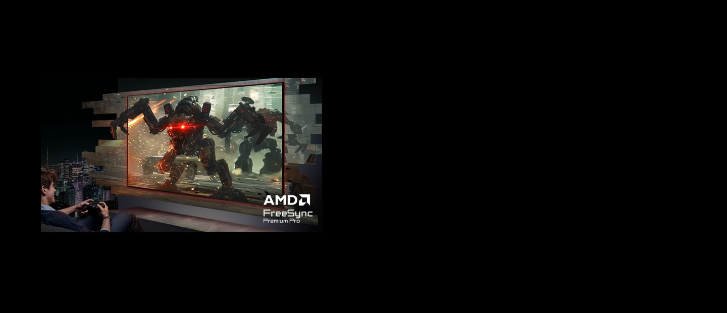 [搭載 ÁMD F~rééS~ýñc P~rémí~úm Pr~ó 的智慧顯示器呈現順暢的賽車場景。少了 Fré~éSýñ~c，相同場景出現畫面撕裂。]
						