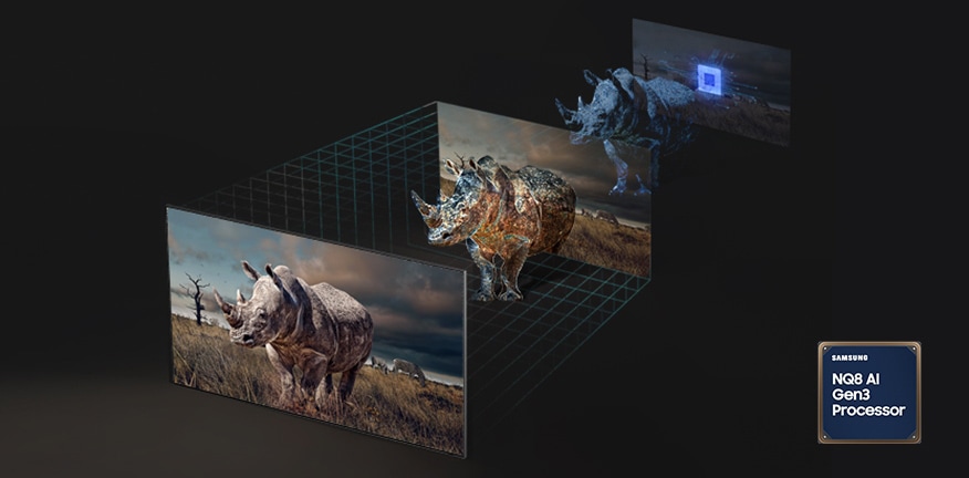 畫面透過立體景深強化技術展示逼真犀牛影像的三步驟。