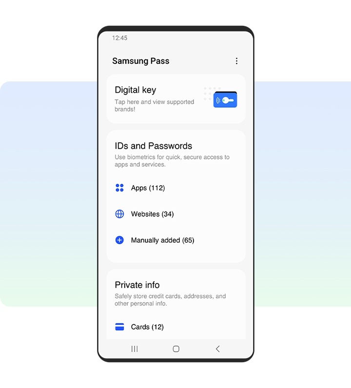 Screenshot of Samsung Pass home screen showing tabs for Digital key, IDs and Passwords, Private info, and more.