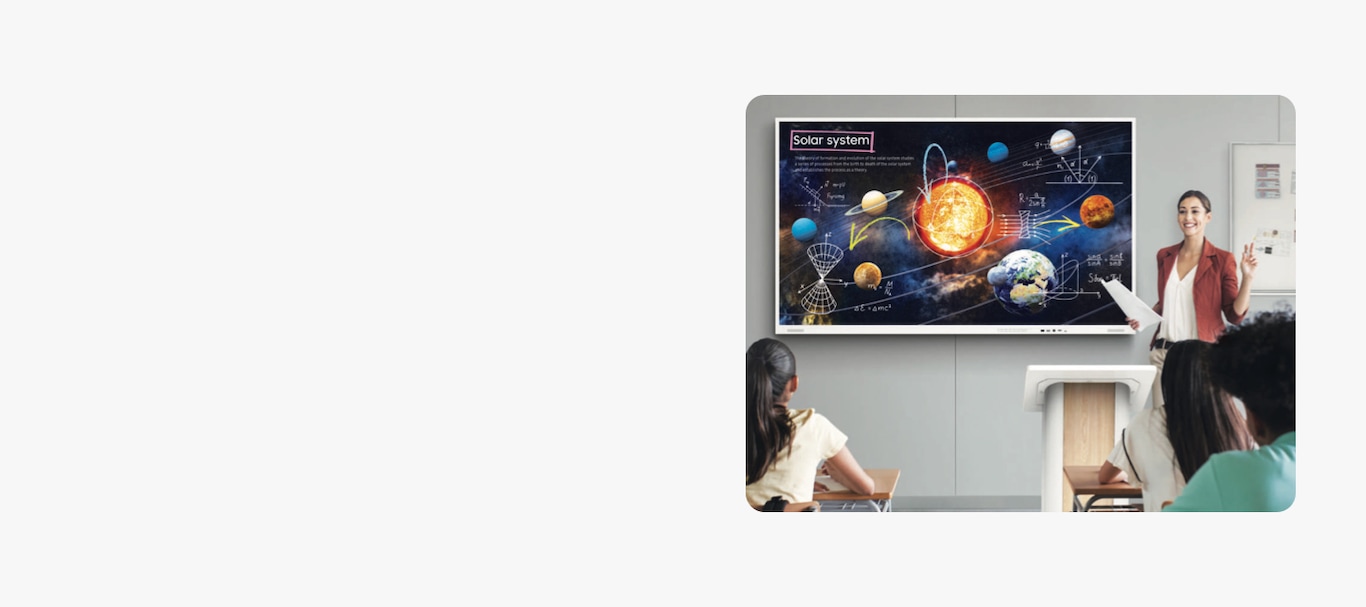 An image of a teacher giving  a lecture with Samsung Flip in front of students.