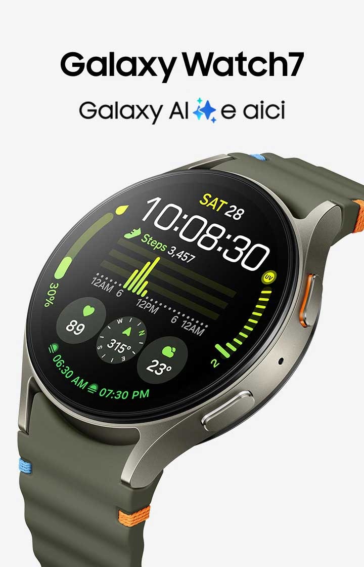 Un Galaxy Watch7 cu un cadran pentru ceas care afișează valorile antrenamentului, inclusiv pașii, fiind ușor înclinat în stânga sus.