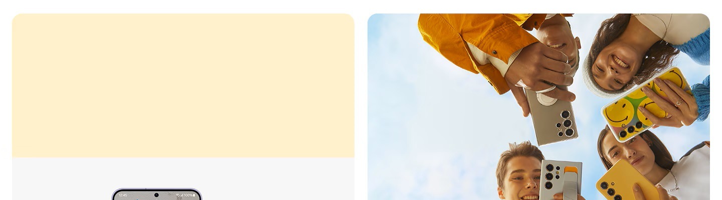 Galaxy S22 și GalaxyBook unul lângă celălalt, cu același portret selfie al unei femei.