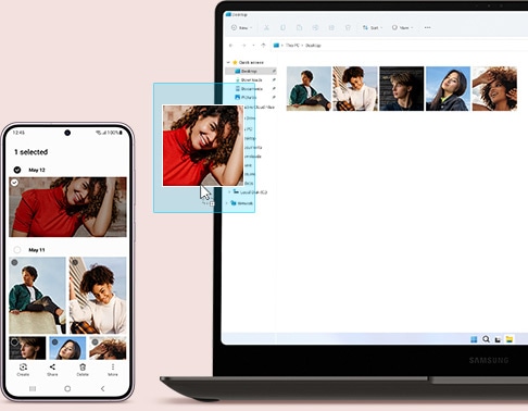 На Galaxy S23 plus відкрито застосунок Gallery. Поряд на екрані ноутбука відображається папка з фотографіями моделей. Портрет із Gallery на Galaxy S23 plus перетягується в папку на ноутбуці.