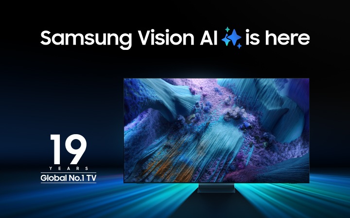 Зображено телевізор Samsung у надзвичайному металевому дизайні. Логотип, який вказує на те, що Samsung є брендом №1 серед виробників телевізорів 19 років поспіль. Samsung Vision AI тут, з характерними блискітками штучного інтелекту.
