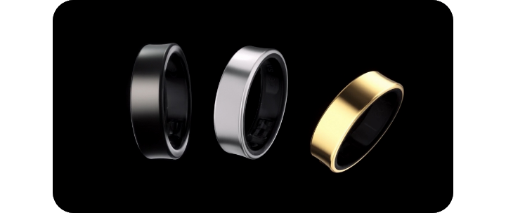Titanium Silver, Titanium Black and Titanium Gold Samsung Rings are shown