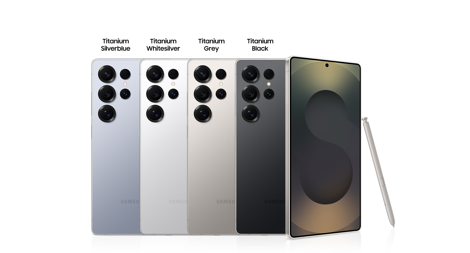 Four Galaxy S25 Ultra devices stand upright in rear view, in Titanium Silverblue, Titanium Whitesilver, Titanium Grey, and Titanium Black. Titanium Black is in front view in the foreground with an S Pen leaning on it. 