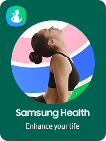 A lady in a yoga pose is shown against a colourful background to depict Samsung’s Health apps.