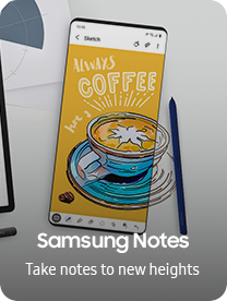 A Samsung Smartphone with the S Pen next to it, displays a coffee graphic on the screen to show off Samsung’s Note feature.