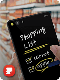 A Samsung smartphone faces the front with a black background and shopping list on the screen.