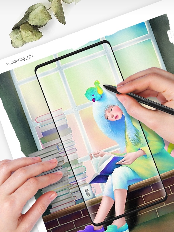 Smartphone displays art created by the artist wandering_girl. Artwork shows a girl sitting at a window reading a book. Hand holding a S Pen is shown drawing on the artwork.