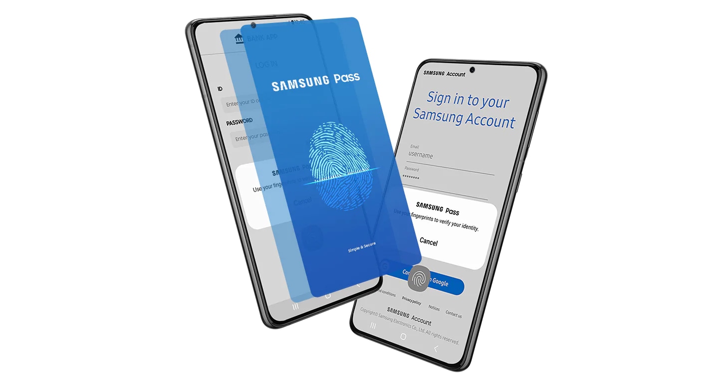 Protruding screenshot of Samsung Pass app hovering over Galaxy smartphones to show Samsung Pass being used for various app and login verifications.