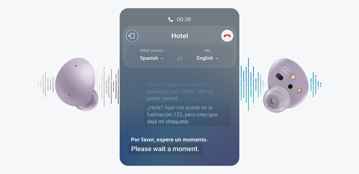 Man ser Galaxy Buds2 i farven Bora Purple. Mellem hovedtelefonerne ses brugergrænsefladen for Live Translate. I baggrunden ses lydbølger, der illustrerer Live Translation.