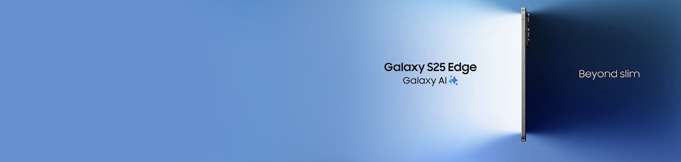 Samsung Galaxy S25 Edge is shown in the blue gradient background.