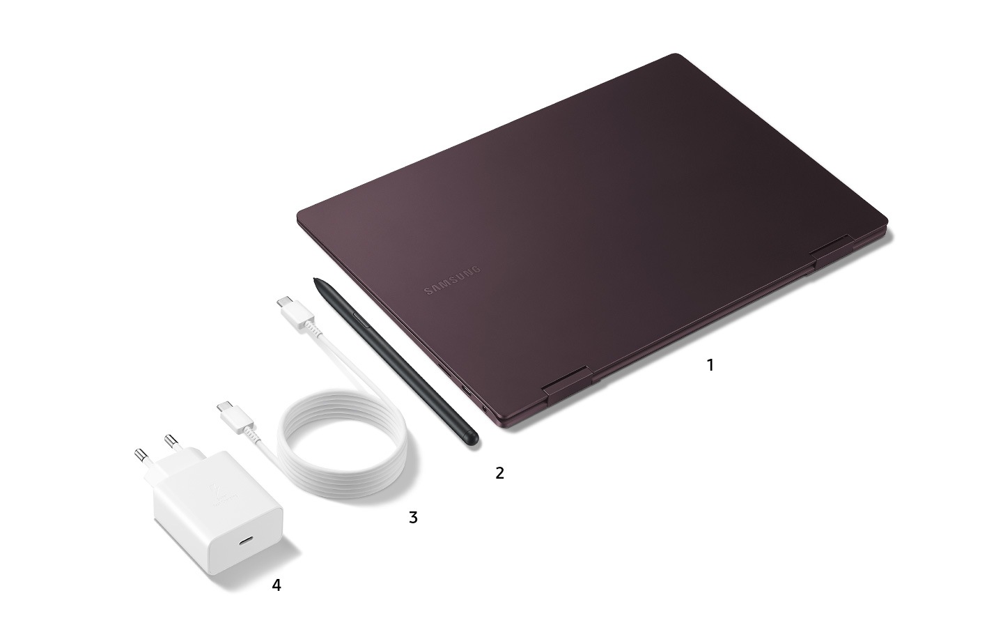 Three products stand next to one another in a row as part of the Galaxy Book2 Pro 360 Package. The first one is a burgundy Galaxy Book2 Pro 360. The second one is an S pen The third one is a cable. The fourth one is an universial adapter. The products in a row are numbered consecutively from 1 to 4.