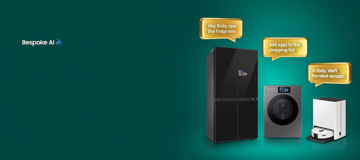 Bespoke AI Home Appliances are shown, laundry machine, vacuum cleaner and two refrigerators