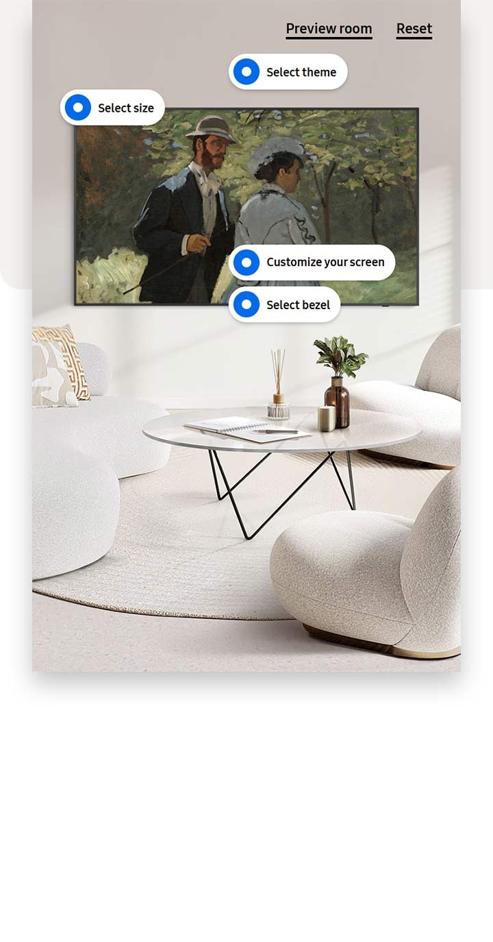 The Frame displaying Bazille and Camille hangs in a white-toned living room. Buttons for Select theme, Select size, Customise your screen, Select bezel, Preview room and Reset are visible.