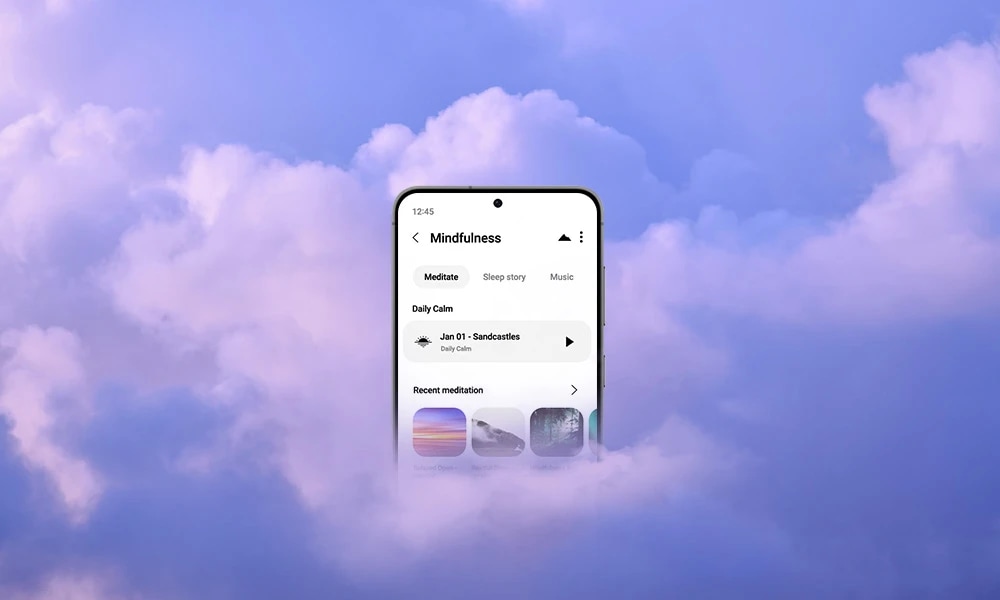 The Samsung Mindfulness app is shown on a Galaxy phone with a cloud background